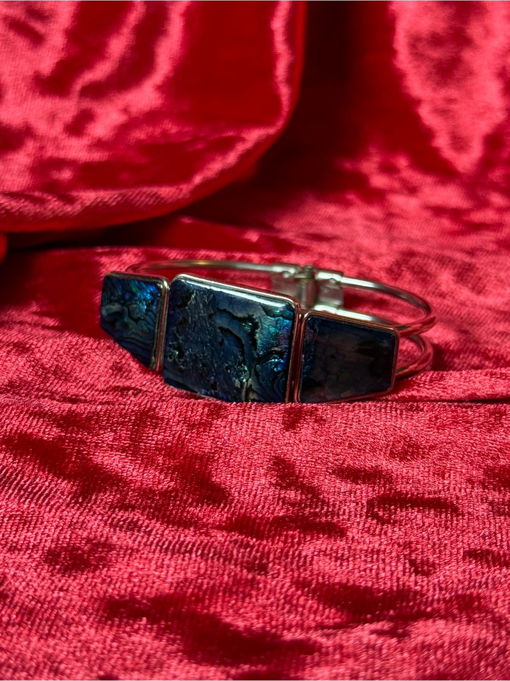 Vintage Modernist Silver-Tone Dichroic Art Hinge Cuff Bracelet